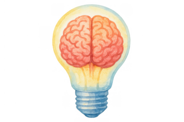 Brain radiating inside a light bulb, symbolizing creativity, intelligence, and new ideas developing, presented in a vivid watercolor style
