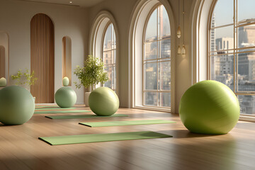 Modern yoga studio interior with arched windows, wooden floor and city view, fitness mats and green exercise balls arranged in minimalist design. 3D Rendering