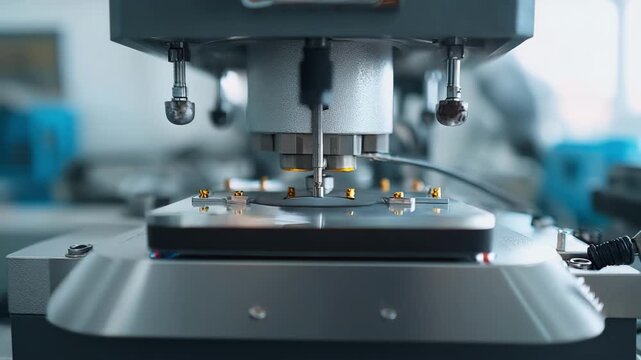 Medium shot of a smallbatch embossing machine finetuning its pressure and alignment automatically highlighting craftsmanship in a boutique production studio.