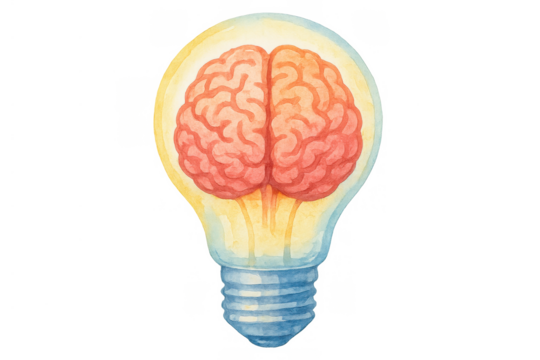 Brain radiating inside a light bulb, symbolizing creativity, intelligence, and new ideas developing, presented in a vivid watercolor style