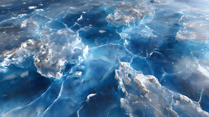 Abstract blue ice. Background texture of cracked ice. Top view of frozen surface of hockey ice