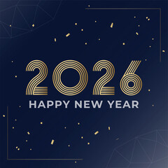 Elegant 2026 Happy New Year design with golden, abstract line art typography on a sophisticated dark blue background. Perfect for premium greeting cards, banners, and web.