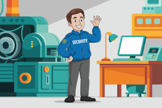Cartoon security guard waving in a room with machinery and a computer desk