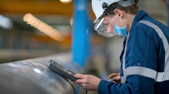Medium shot of a specialist applying ultrasonic testing on metal surfaces to detect hidden flaws prior to sale.