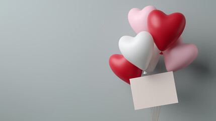 Colorful heart-shaped balloons in red, pink, and white, floating against a soft gray background, with a blank tag for personalized messages.