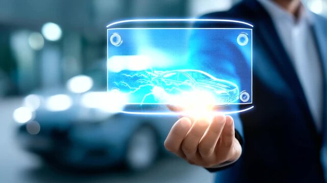 Faceless businessman using futuristic digital interface with electric vehicle EV technology visualization innovation concept battery system display charging station network - Powered by Adobe