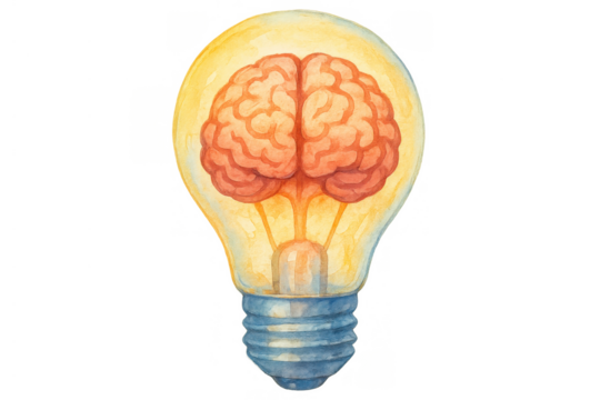 Brain inside light bulb watercolor illustration representing ideas, creativity, innovation, and intellectual thinking - Powered by Adobe