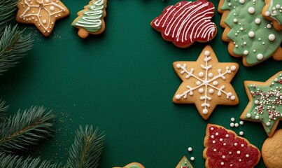 Festive christmas biscuits with icing decoration and green background