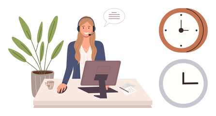Female customer support agent with headset, viewing computer screen, with clocks and plant. Ideal for customer service, time management, remote work, communication, focus, productivity support team
