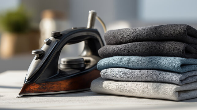 A vintage iron rests beside neatly stacked towels in calming shades, creating a serene atmosphere perfect for laundry day.