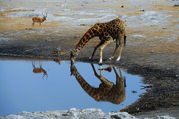 Close-up of adult southern giraffes, also known as two-horned giraffes, drinking at a waterhole in an African national park. Giraffa giraffa.  © Thomas