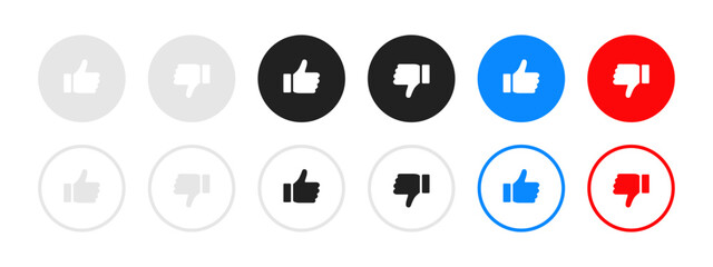 Like dislike icon. Mixed filled and outline thumb symbols in grey, black, blue and red for rating and feedback vector. Clean reaction set for UI buttons sign. Modern interface choice concept pictogram