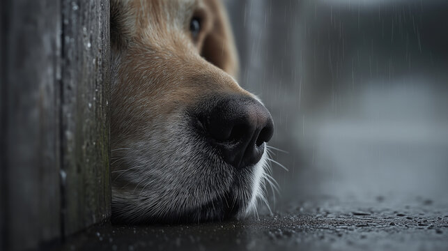 A close-up of a dog's face, resting against a wet surface, with raindrops falling softly in the background, conveying a sense of calm and contemplation.