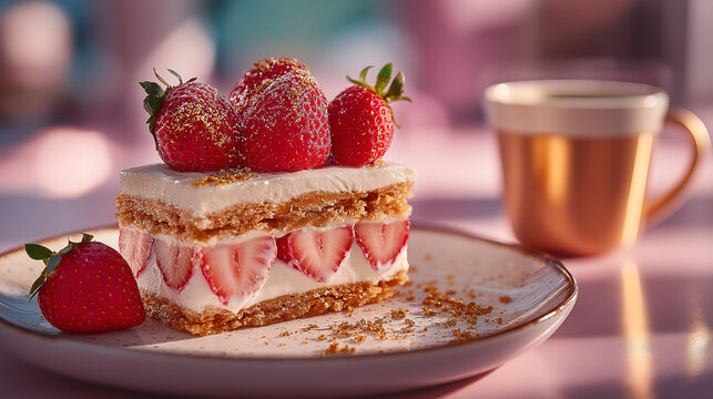 A delightful slice of layered strawberry dessert topped with fresh strawberries, served on a plate beside a chic copper cup.