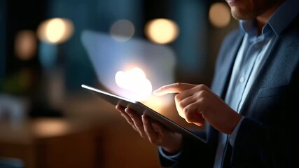 Faceless businessman using digital tablet with virtual cloud computing interface overlay data management system dashboard online file storage technology secure document sharing - Powered by Adobe