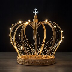 Ornate golden crown decoration illuminated with warm fairy lights against a dark background evoking royalty celebration and magical ambiance