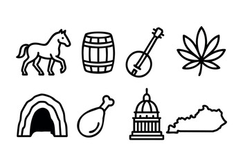 Obraz premium Kentucky state icons in bold line style: horse, barrel, banjo, leaf, horseshoe, chicken leg, capitol building, and state outline.