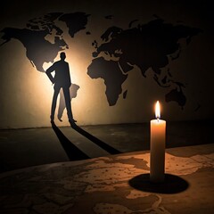A lone silhouette stands before a glowing world map projection casting a long shadow with a single lit candle in the foreground symbolizing global exploration and illumination