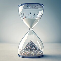 A crystal hourglass filled with shimmering silver beads and sand symbolizing the passage of time and the preciousness of moments slipping away
