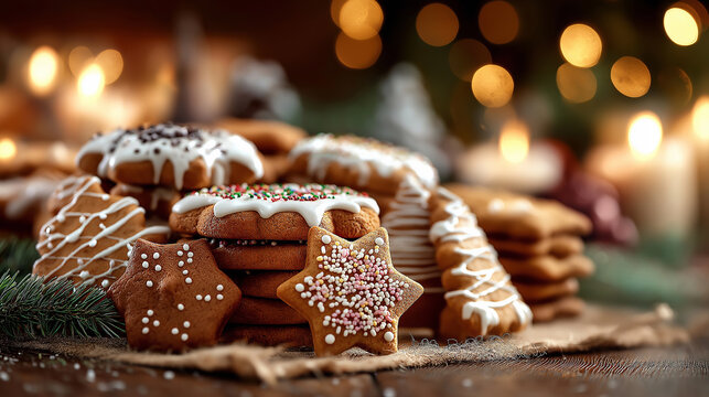 A delicious assortment of decorated cookies with festive sprinkles and icing, elegantly arranged and set against a warm, blurred background of twinkling lights.