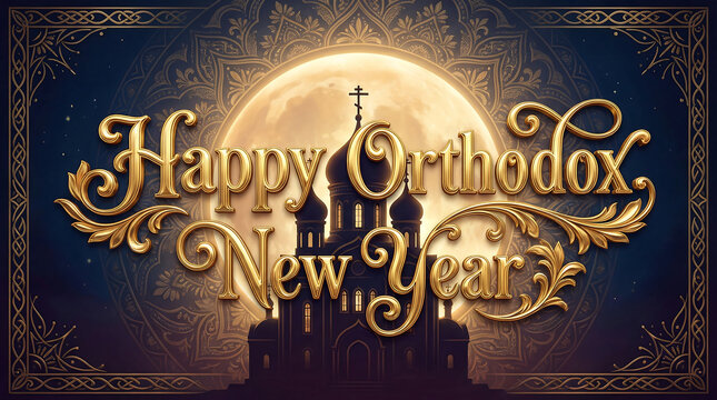 Happy Orthodox New Year Silhouette of Churches Golden Moon Religious Holiday Greeting Card