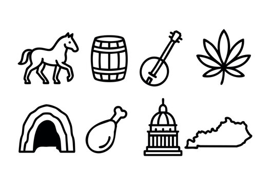 Kentucky state icons in bold line style: horse, barrel, banjo, leaf, horseshoe, chicken leg, capitol building, and state outline.