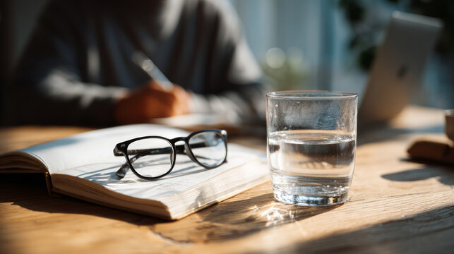 A pair of glasses rests on an open notebook next to a glass of water, capturing a serene moment of focus and productivity in a sunlit workspace.
