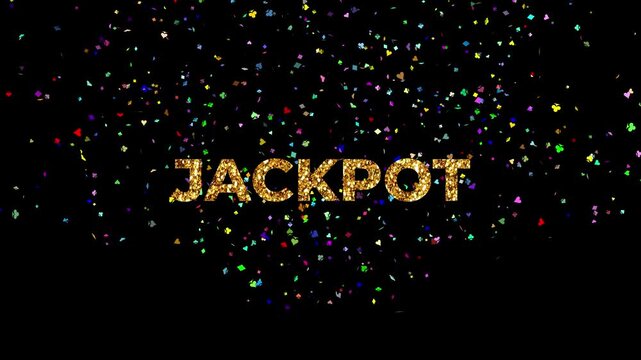 Large Golden Text JACKPOT with many confetti and shapes from bottom on black background
