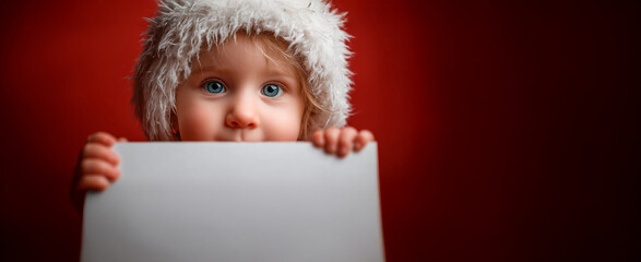 Cute little child with Christmas hat holding blank card against red festive background