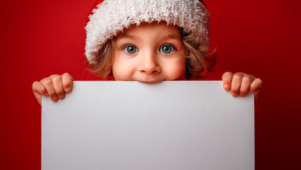 Cute little child with Christmas hat holding blank card against red festive background