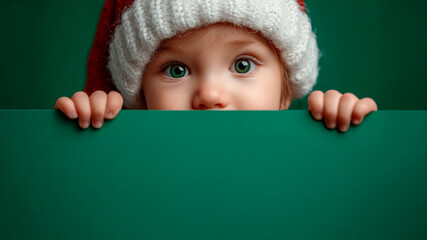 Sweet little child with Santa hat holding blank card on dark green Christmas background