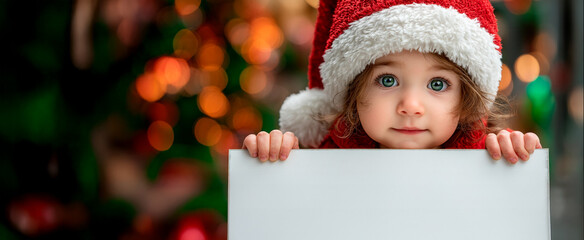 Adorable child holding blank sign with Christmas lights and festive bokeh background