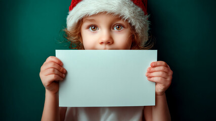 Sweet little child with Santa hat holding blank card on dark green Christmas background