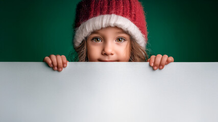 Sweet little child with Santa hat holding blank card on dark green Christmas background