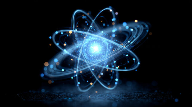 A stunning digital art representation of an atom, featuring glowing blue particles and swirling orbits against a dark background, symbolizing the essence of matter. - Powered by Adobe