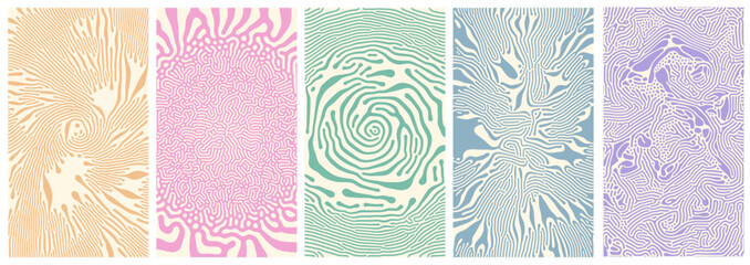 Set of abstract organic posters with reaction diffusion patterns in gentle tones and intricate structure. Soft pastel colors and flowing lines inspired by natural forms perfect for decor or design