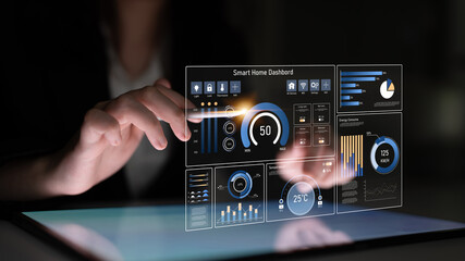 Smart home dashboard manages IoT system. Smart home dashboard controls temperature, dashboard tracks energy, smart home handles devices, and smart home dashboard monitors data. Latch