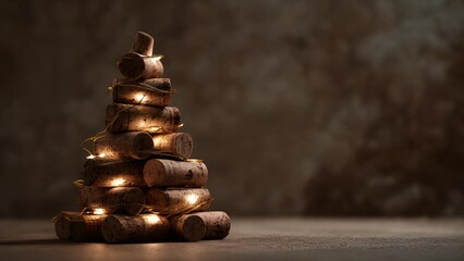 Obraz premium Christmas tree crafted from recycled wine corks, illuminated with small, colorful lights and topped with a star. Wine tree festive holiday background. 