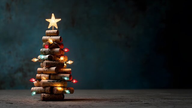 Christmas tree crafted from recycled wine corks, illuminated with small, colorful lights and topped with a star. Wine tree festive holiday background. 