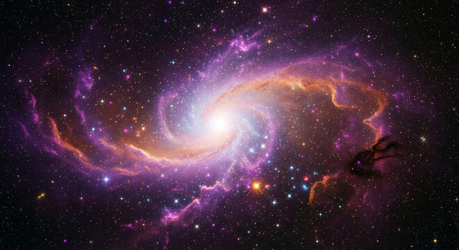 Image of spiral galaxy with bright center and colourful nebula, showcasing cosmic depth, vastness of universe, and wonders of space exploration