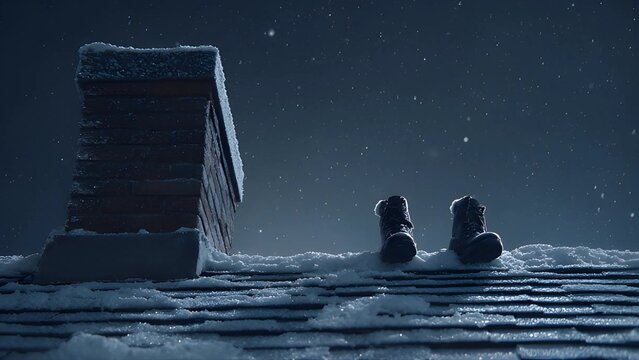 Chimney santa boot rooftop at night. Pair of Santa Claus's boots sticking out of a brick chimney on a snowy rooftop at night. Santa boots on the rooftop by the chimney at night in the snow silhouette.