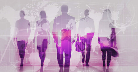 Global communication concept with network lines and people connecting over abstract world map background