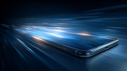 A sleek smartphone appears to zoom through a stream of vibrant blue and orange light, symbolizing speed and advanced technology.