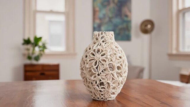 Medium shot of a 3Dprinted vase with intricate floral patterns showcasing customizable design options for unique home decor accents.