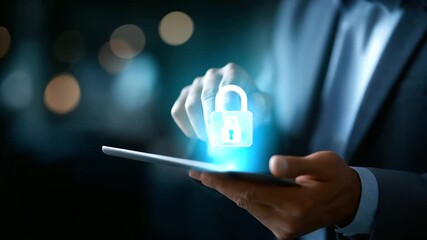 Close up faceless businessman touching digital tablet with holographic security lock icon cybersecurity protection concept data encryption technology AI security system online - Powered by Adobe