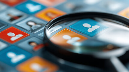 A close-up view of a digital interface featuring colorful profile icons, enhanced by a magnifying glass, symbolizing social connections and networking.