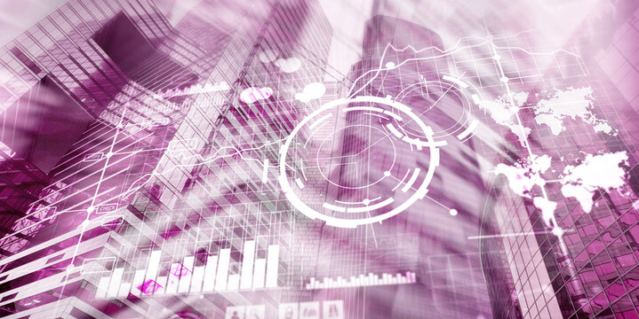 Business intelligence control interface marketing finance management. Silhouettes in the background