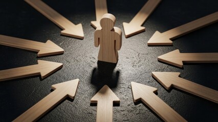Wooden figure surrounded by arrows pointing inward on dark surface.