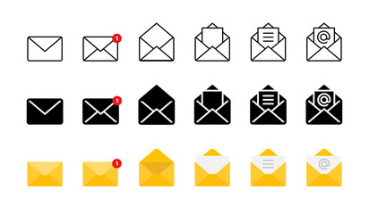 Message icon set. Closed, open and notification envelopes in outline, solid and colored styles vector. Email message set for inbox, documents, contacts and postal communication tasks sign.