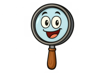 Magnifying glass cartoon character with happy face searching for information and discovering solutions